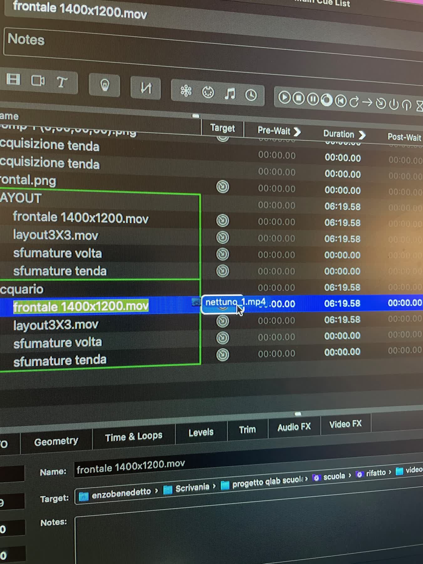 Struttura delle cue in QLab