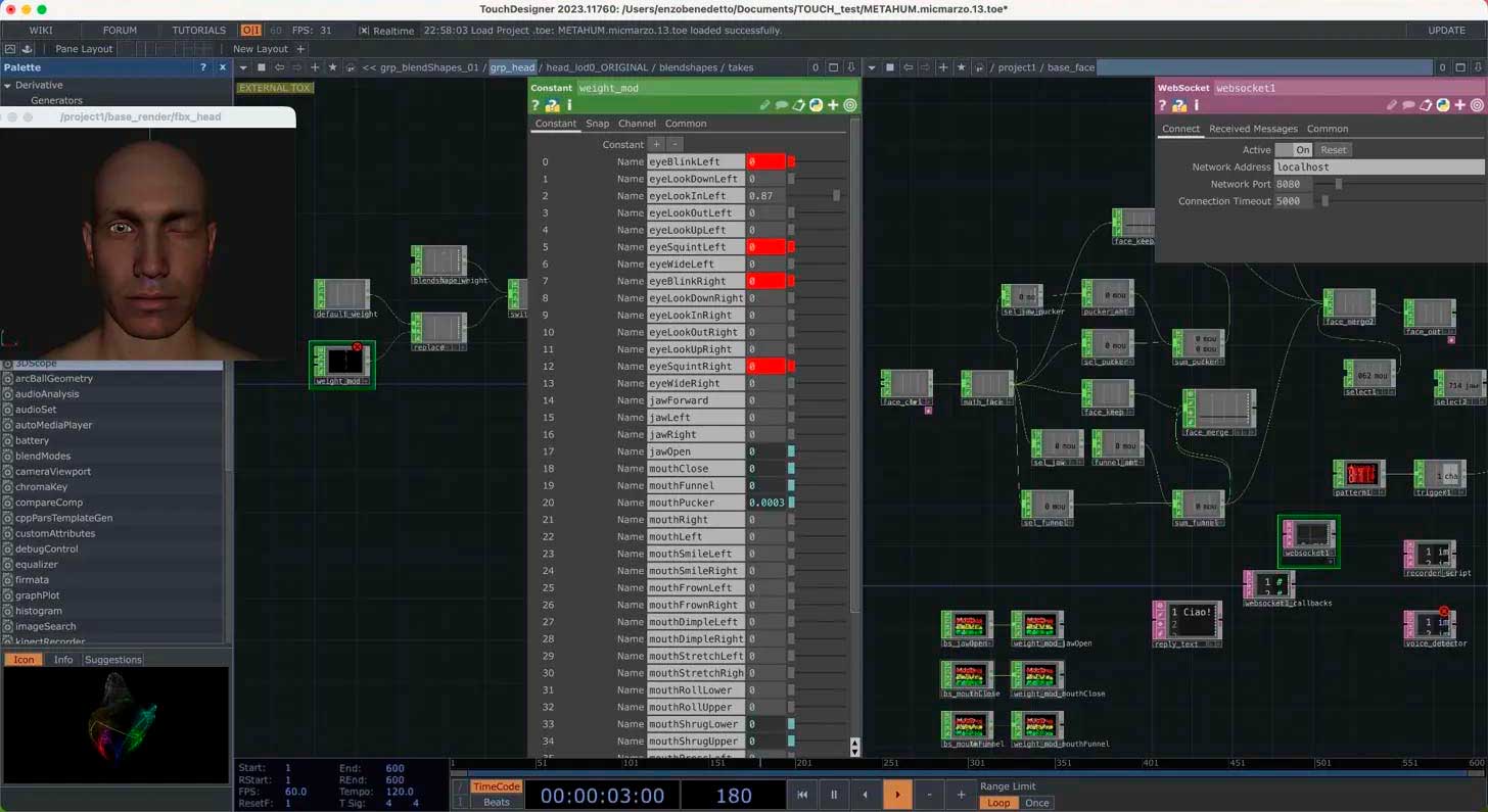 Network TouchDesigner con WebSocket e parametri dei blendshape ARKit