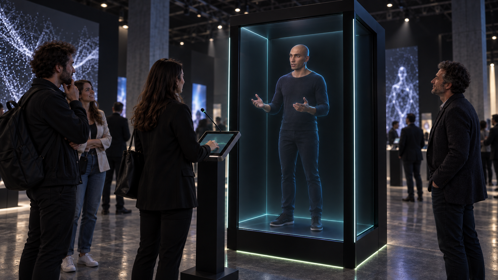 Installazione di Zeno in un ambiente espositivo scuro, con avatar a figura intera nell’Holobox, tablet e visitatori