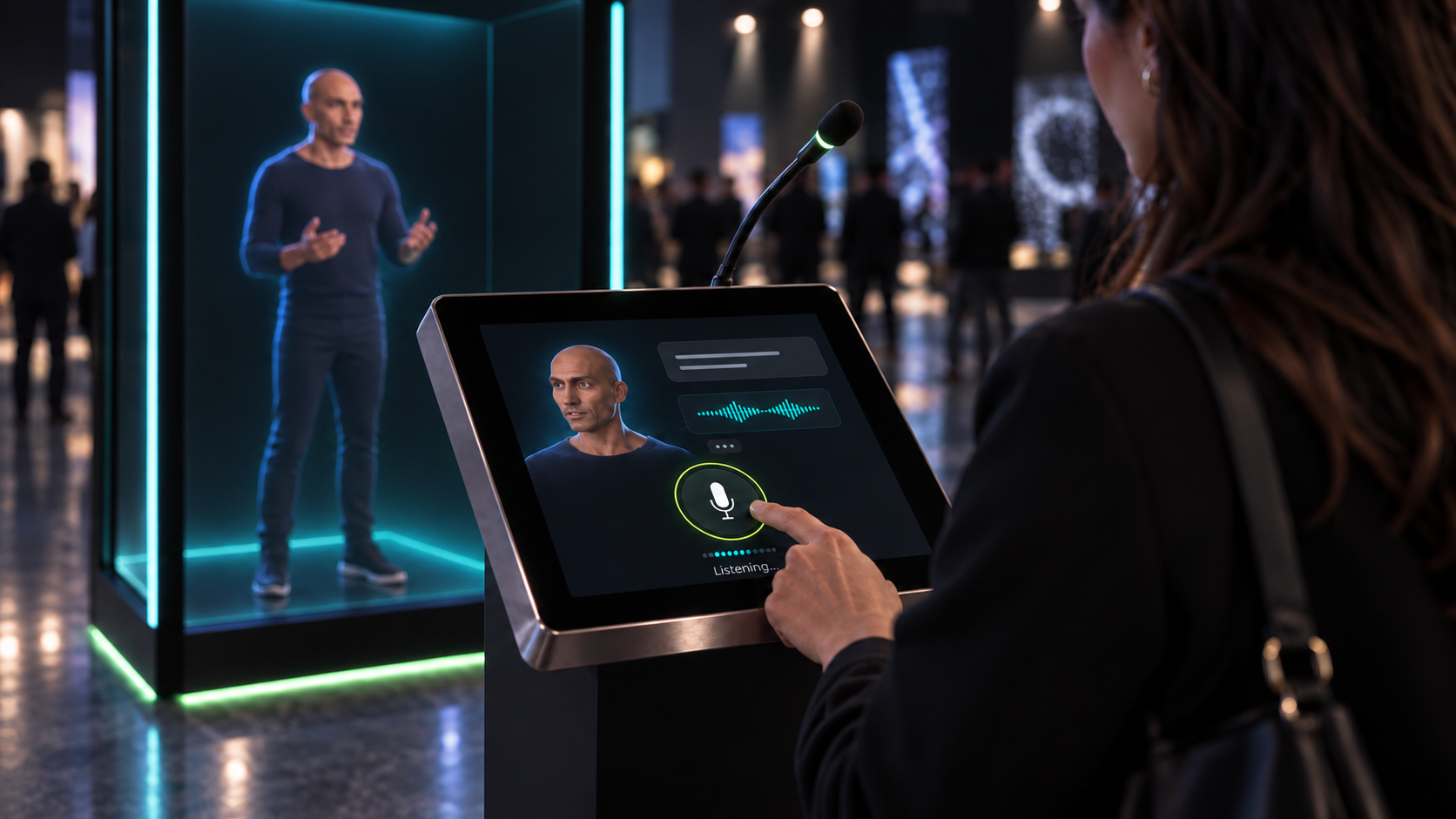 Vista dalla spalla sinistra dell’utente che interagisce con Zeno dal tablet e dal microfono